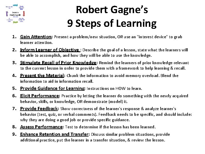 Robert Gagne’s 9 Steps of Learning 1. Gain Attention: Present a problem/new situation, OR Robert Gagne’s 9 Steps of Learning 1. Gain Attention: Present a problem/new situation, OR