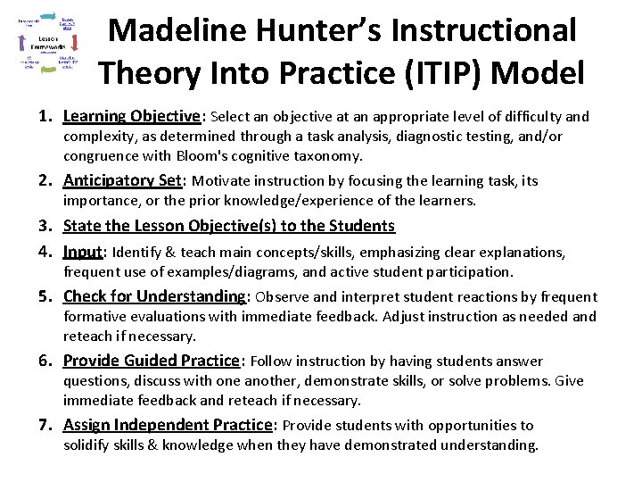 Madeline Hunter’s Instructional Theory Into Practice (ITIP) Model 1. Learning Objective: Select an objective Madeline Hunter’s Instructional Theory Into Practice (ITIP) Model 1. Learning Objective: Select an objective