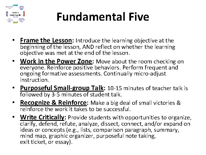 Fundamental Five • Frame the Lesson: Introduce the learning objective at the • • Fundamental Five • Frame the Lesson: Introduce the learning objective at the • •