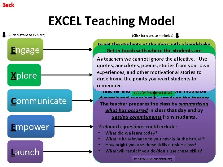 Back EXCEL Teaching Model (Click buttons to explore) Engage Xplore Communicate Empower Launch (Click Back EXCEL Teaching Model (Click buttons to explore) Engage Xplore Communicate Empower Launch (Click