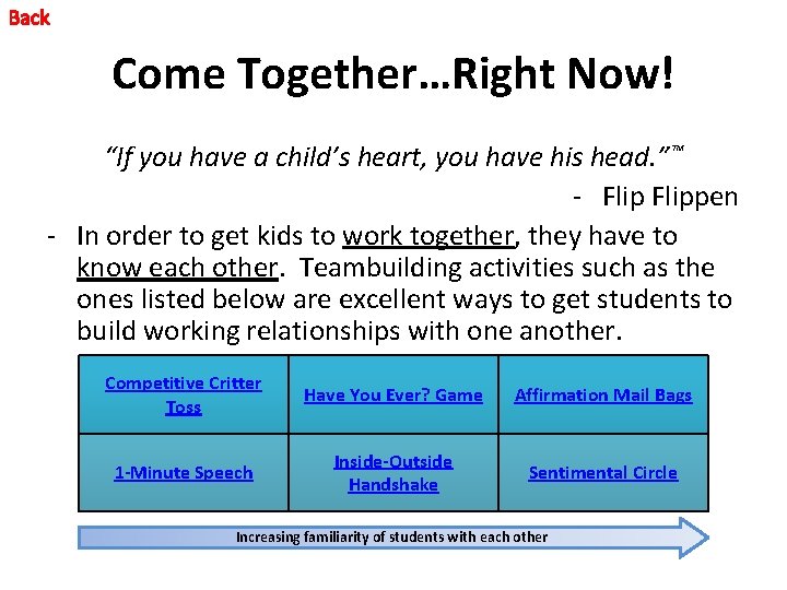 Back Come Together…Right Now! “If you have a child’s heart, you have his head. Back Come Together…Right Now! “If you have a child’s heart, you have his head.