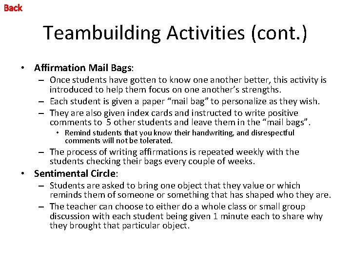 Back Teambuilding Activities (cont. ) • Affirmation Mail Bags: – Once students have gotten Back Teambuilding Activities (cont. ) • Affirmation Mail Bags: – Once students have gotten