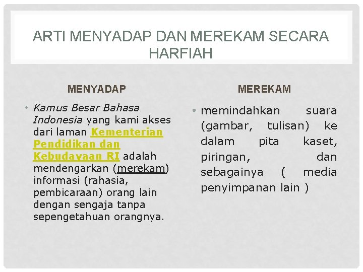 ARTI MENYADAP DAN MEREKAM SECARA HARFIAH MENYADAP MEREKAM • Kamus Besar Bahasa Indonesia yang