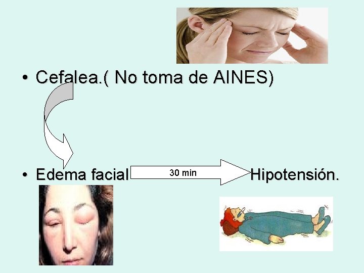  • Cefalea. ( No toma de AINES) • Edema facial 30 min Hipotensión.