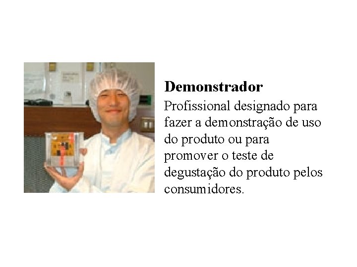 Demonstrador Profissional designado para fazer a demonstração de uso do produto ou para promover