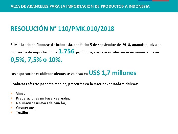 ALZA DE ARANCELES PARA LA IMPORTACION DE PRODUCTOS A INDONESIA RESOLUCIÓN N° 110/PMK. 010/2018 ALZA DE ARANCELES PARA LA IMPORTACION DE PRODUCTOS A INDONESIA RESOLUCIÓN N° 110/PMK. 010/2018
