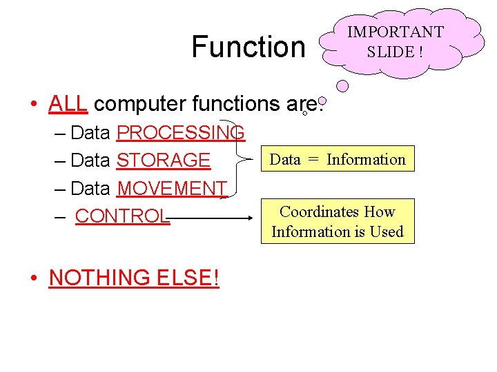 Function IMPORTANT SLIDE ! • ALL computer functions are: – Data PROCESSING – Data