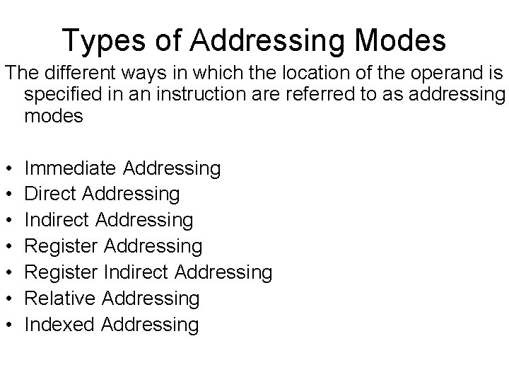 Types of Addressing Modes The different ways in which the location of the operand