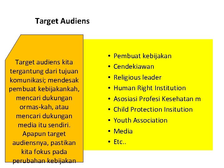 Target Audiens Target audiens kita tergantung dari tujuan komunikasi; mendesak pembuat kebijakankah, mencari dukungan