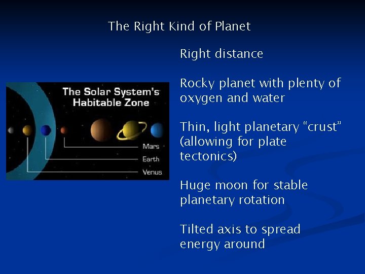 The Right Kind of Planet Right distance Rocky planet with plenty of oxygen and