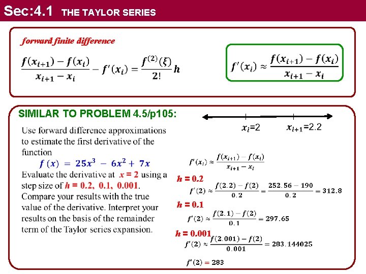 Sec: 4. 1 THE TAYLOR SERIES forward finite difference SIMILAR TO PROBLEM 4. 5/p