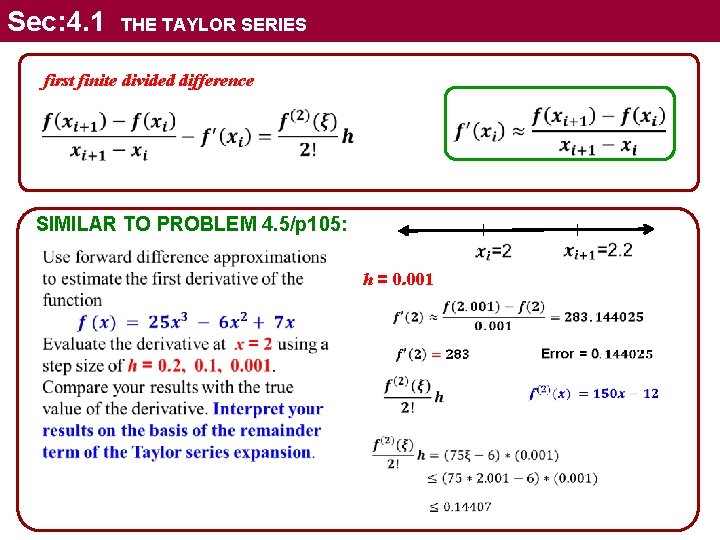 Sec: 4. 1 THE TAYLOR SERIES first finite divided difference SIMILAR TO PROBLEM 4.