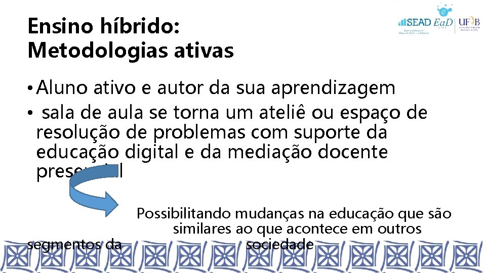 Ensino híbrido: Metodologias ativas • Aluno ativo e autor da sua aprendizagem • sala