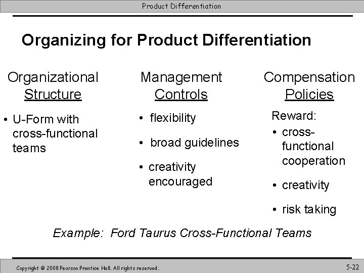 Product Differentiation Organizing for Product Differentiation Organizational Structure • U-Form with cross-functional teams Management