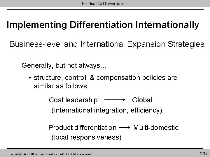 Product Differentiation Implementing Differentiation Internationally Business-level and International Expansion Strategies Generally, but not always…