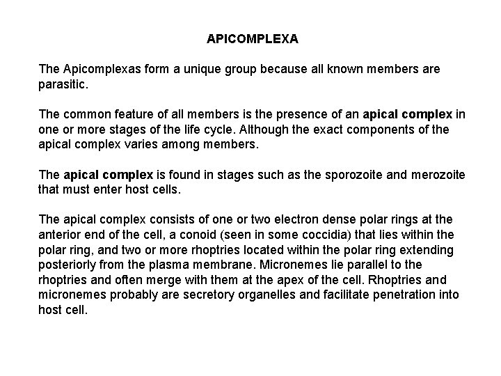 APICOMPLEXA The Apicomplexas form a unique group because all known members are parasitic. The