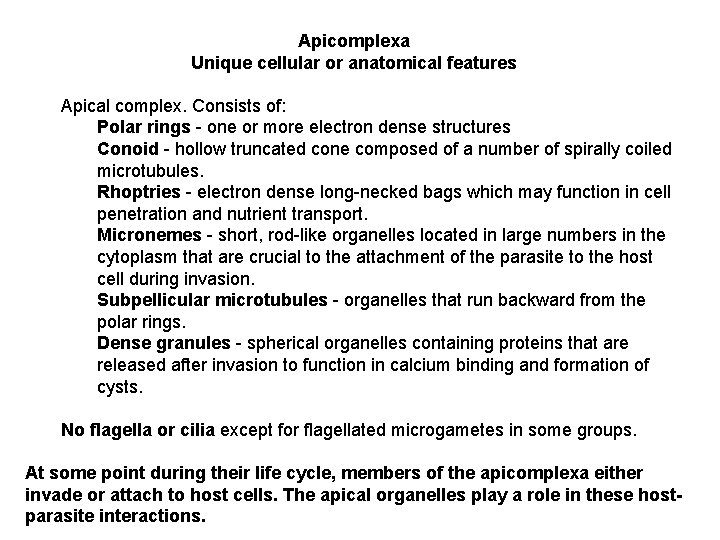 Apicomplexa Unique cellular or anatomical features Apical complex. Consists of: Polar rings - one