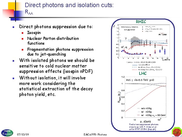 Direct photons and isolation cuts: RAA n Direct photons suppression due to: n n