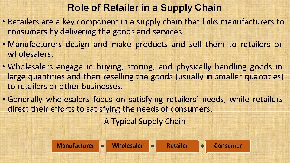 Role of Retailer in a Supply Chain • Retailers are a key component in