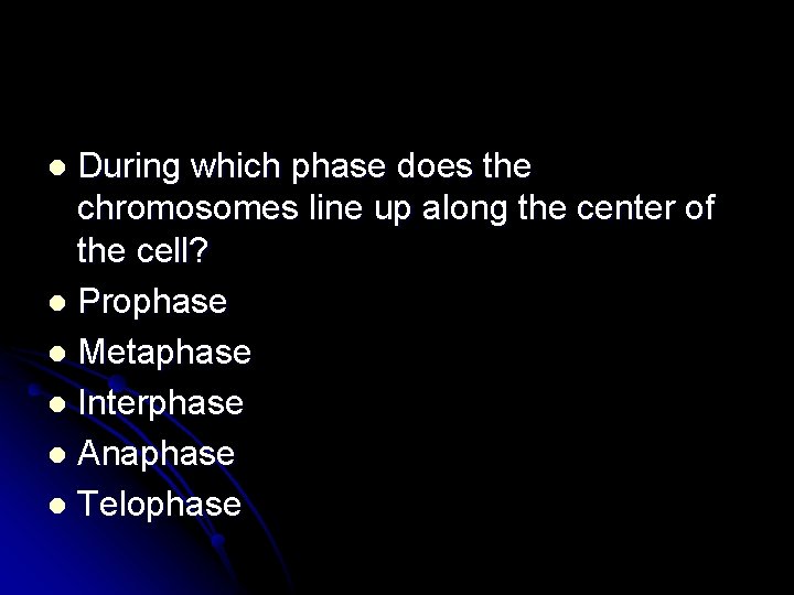 During which phase does the chromosomes line up along the center of the cell?