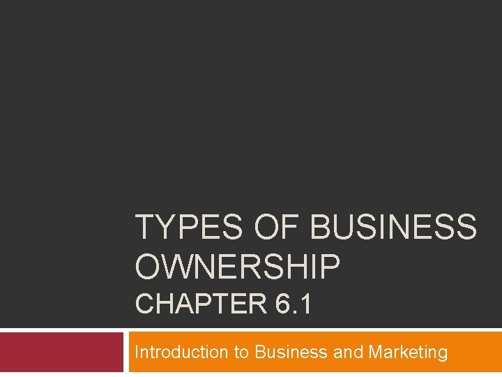 TYPES OF BUSINESS OWNERSHIP CHAPTER 6. 1 Introduction to Business and Marketing 