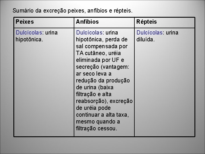Sumário da excreção peixes, anfíbios e répteis. Peixes Anfíbios Répteis Dulcícolas: urina hipotônica, perda Sumário da excreção peixes, anfíbios e répteis. Peixes Anfíbios Répteis Dulcícolas: urina hipotônica, perda