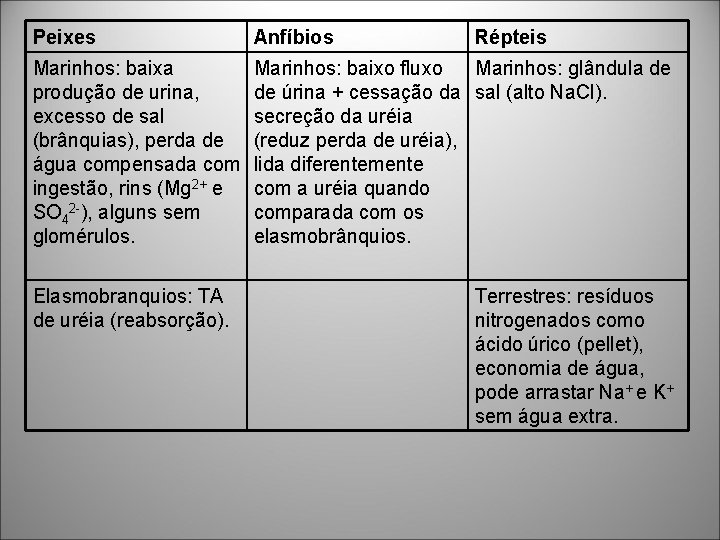 Peixes Anfíbios Marinhos: baixa produção de urina, excesso de sal (brânquias), perda de água Peixes Anfíbios Marinhos: baixa produção de urina, excesso de sal (brânquias), perda de água