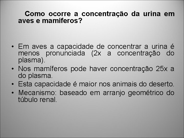 Como ocorre a concentração da urina em aves e mamíferos? • Em aves a Como ocorre a concentração da urina em aves e mamíferos? • Em aves a