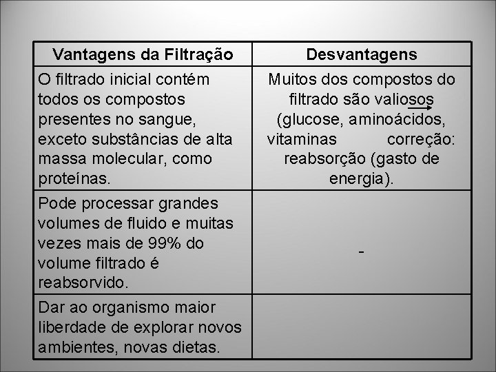 Vantagens da Filtração Desvantagens O filtrado inicial contém todos os compostos presentes no sangue, Vantagens da Filtração Desvantagens O filtrado inicial contém todos os compostos presentes no sangue,