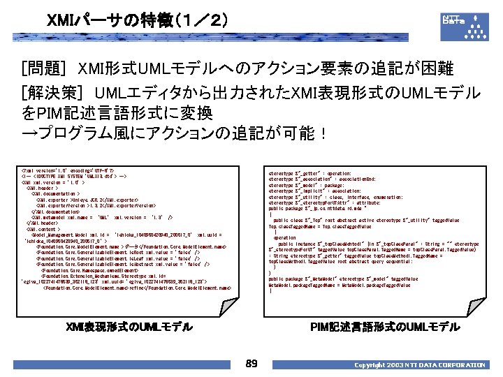 XMIパーサの特徴（１／２） [問題]　XMI形式UMLモデルへのアクション要素の追記が困難 [解決策]　UMLエディタから出力されたXMI表現形式のUMLモデル をPIM記述言語形式に変換 →プログラム風にアクションの追記が可能！ <? xml version='1. 0' encoding='UTF-8'? > <!-- <!DOCTYPE XMI