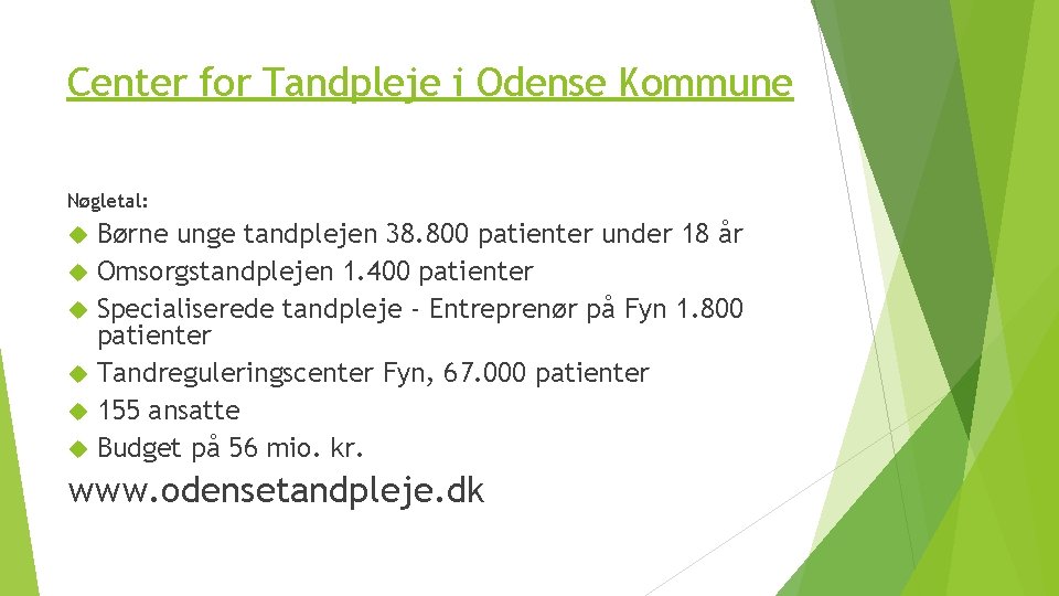 Center for Tandpleje i Odense Kommune Nøgletal: Børne unge tandplejen 38. 800 patienter under