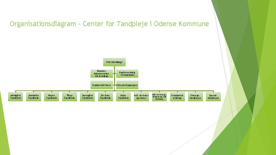 Organisationsdiagram – Center for Tandpleje i Odense Kommune Overtandlæge Abildgård Tandklinik Grønløkke Tandklinik Højme