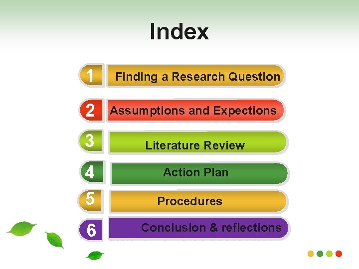 Index 1 Finding a Research Question 2 Assumptions and Expections 3 Literature Review 4