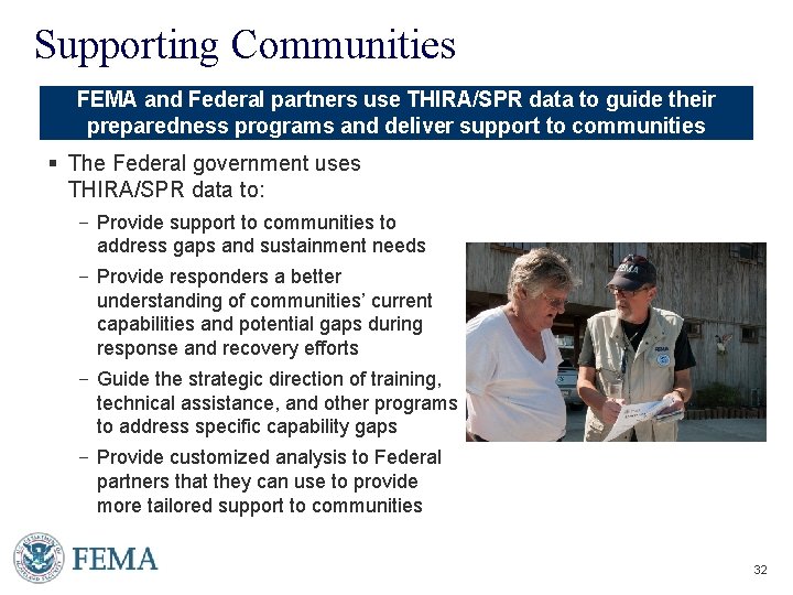 Supporting Communities FEMA and Federal partners use THIRA/SPR data to guide their preparedness programs