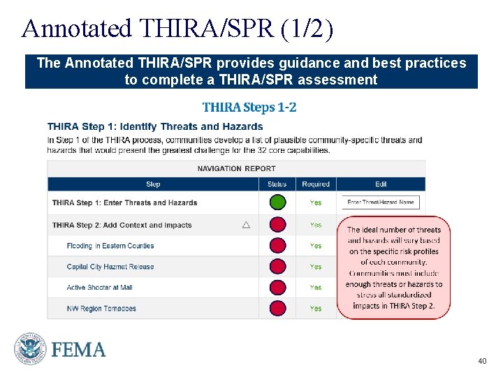 Annotated THIRA/SPR (1/2) The Annotated THIRA/SPR provides guidance and best practices to complete a