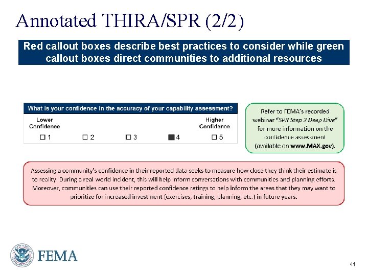 Annotated THIRA/SPR (2/2) Red callout boxes describe best practices to consider while green callout