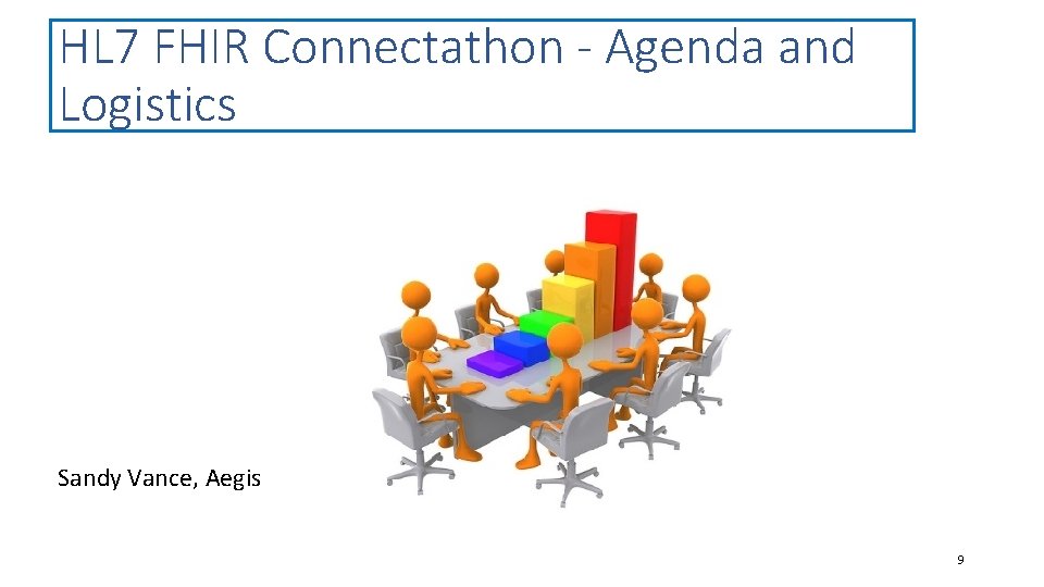 HL 7 FHIR Connectathon - Agenda and Logistics Sandy Vance, Aegis 9 