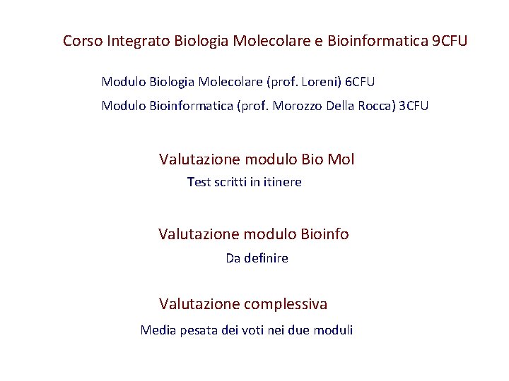 Corso Integrato Biologia Molecolare e Bioinformatica 9 CFU Modulo Biologia Molecolare (prof. Loreni) 6