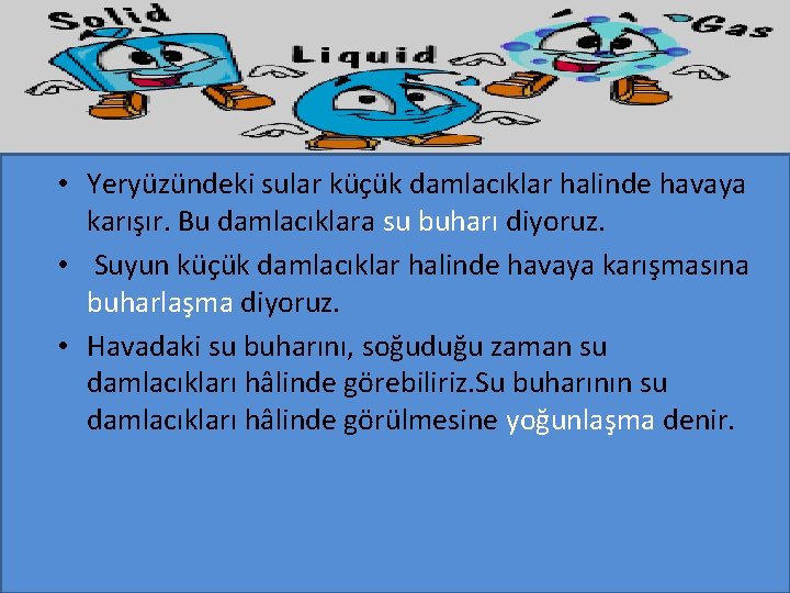  • Yeryüzündeki sular küçük damlacıklar halinde havaya karışır. Bu damlacıklara su buharı diyoruz.