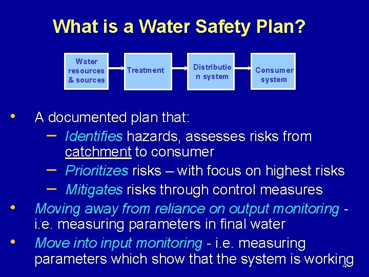 What is a Water Safety Plan? Water resources & sources • • • Treatment