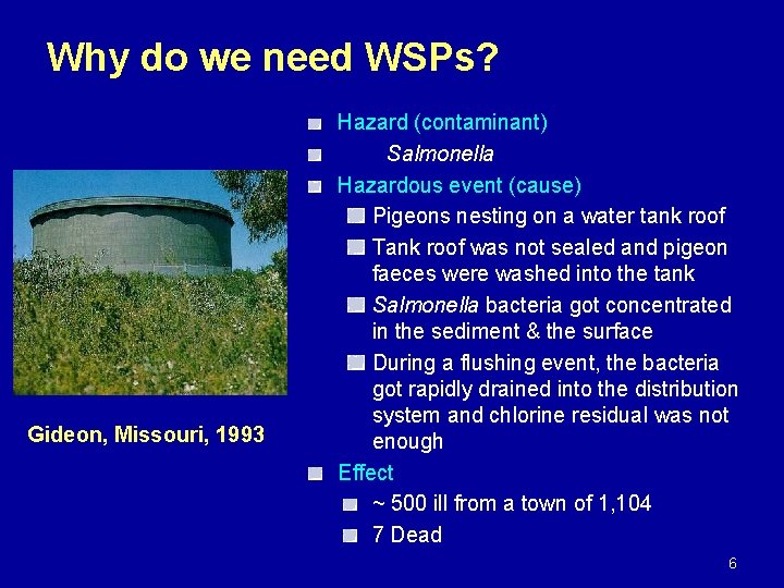 Why do we need WSPs? Gideon, Missouri, 1993 Hazard (contaminant) Salmonella Hazardous event (cause)