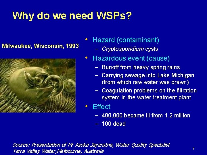 Why do we need WSPs? Milwaukee, Wisconsin, 1993 • Hazard (contaminant) – Cryptosporidium cysts