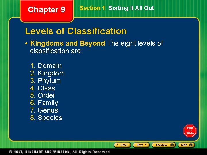 Chapter 9 Section 1 Sorting It All Out Levels of Classification • Kingdoms and