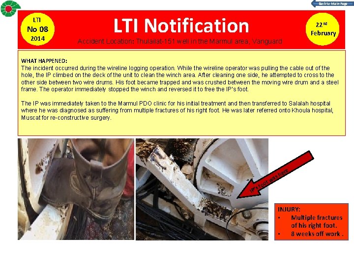 Back to Main Page LTI No 08 2014 LTI Notification Accident Location: Thulailat-151 well