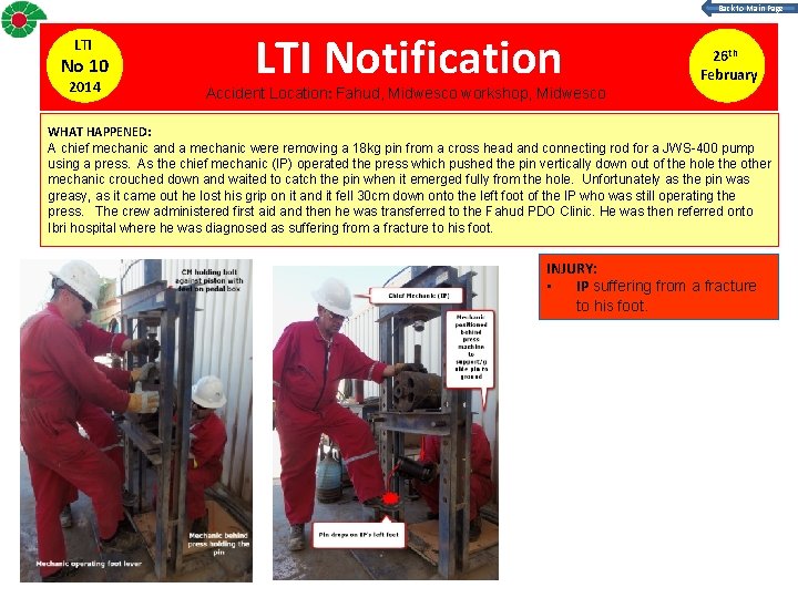 Back to Main Page LTI No 10 2014 LTI Notification Accident Location: Fahud, Midwesco