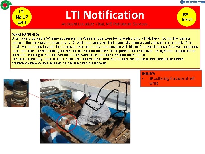 Back to Main Page LTI No 17 2014 LTI Notification Accident Location: Yibal, MB