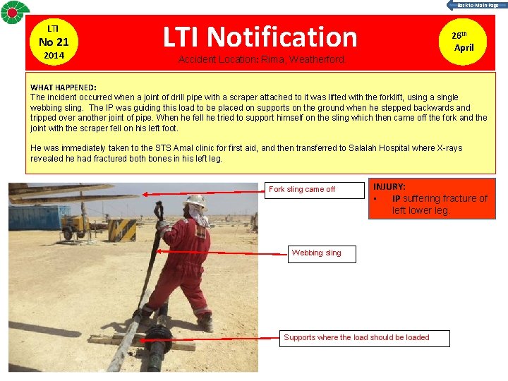 Back to Main Page LTI No 21 2014 LTI Notification 26 th April Accident