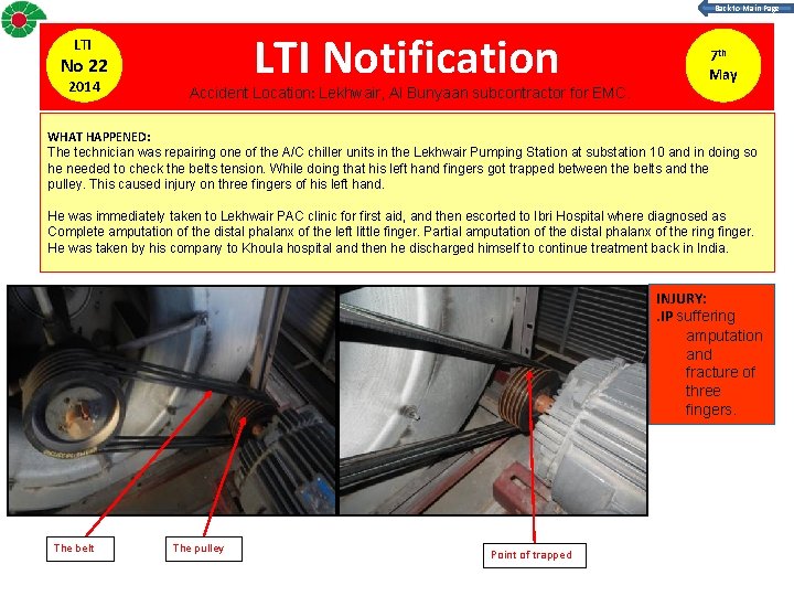 Back to Main Page LTI Notification LTI No 22 2014 Accident Location: Lekhwair, Al