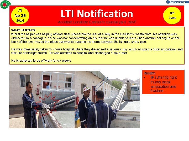 Back to Main Page LTI No 25 2014 LTI Notification Accident Location: Carillion’s coastal