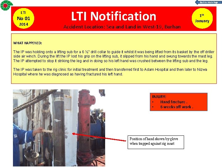 Back to Main Page LTI No 01 2014 LTI Notification Accident Location: Sea and